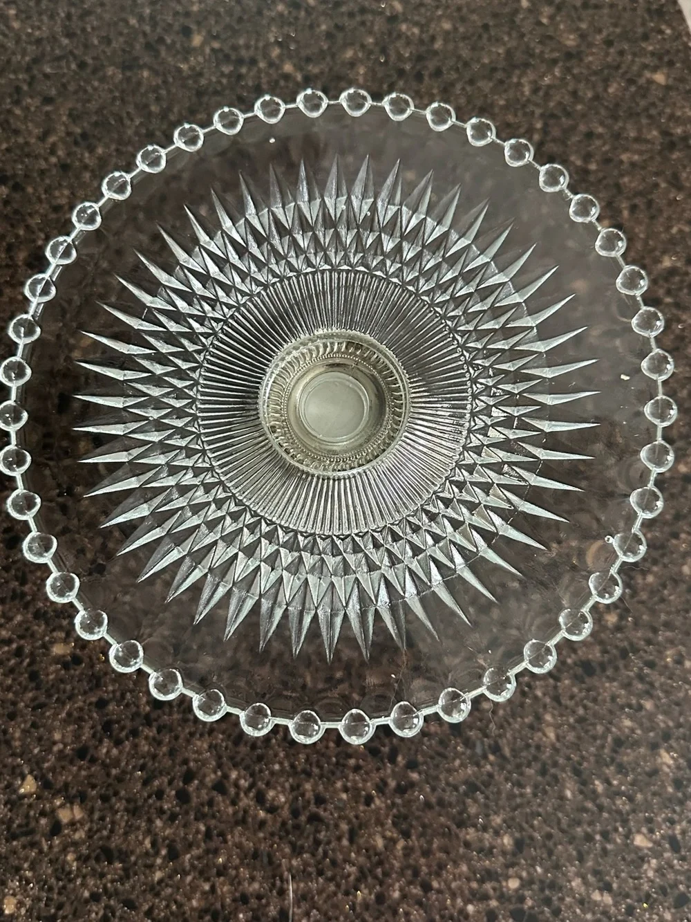 Mini Glass and Nickel Silver Pedestal Cake or dessert Stand - Clear Glass Top.